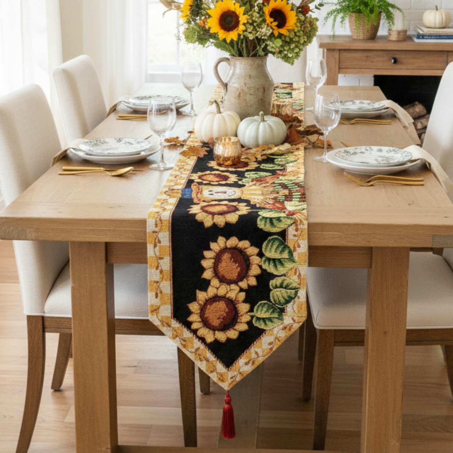 Tache Sunflower Field Scarecrow Autumn Harvest Woven Tapestry Table Runners (11712TR)