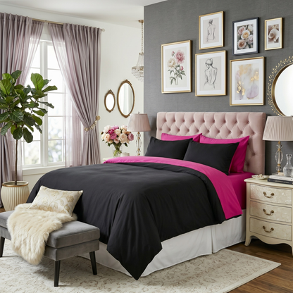 Tache Cotton Hot Pink Black Reversible Comforter Set With Zipper Cover