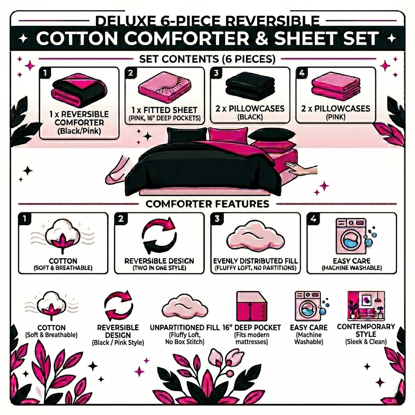 Tache Cotton Hot Pink Black Reversible Comforter Set With Zipper Cover
