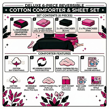 Tache Cotton Hot Pink Black Reversible Comforter Set With Zipper Cover