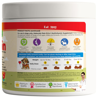 Dog Multivitamin 12-in-1 120 Soft Chews Glucosamine Probiotics & Cranberry