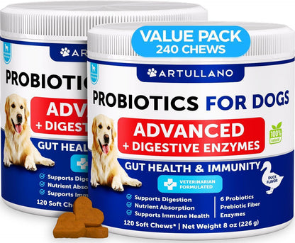 Probiotics for Dogs 240 Count 2-Pack Digestive Enzymes & Prebiotics Gut Health