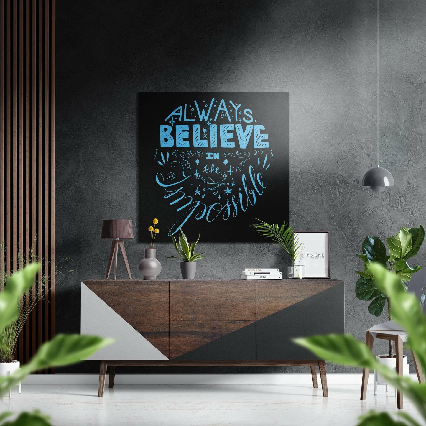 Sky Blue Lettering Believe Quote on Black Brushed Aluminium Dibond Wall Art