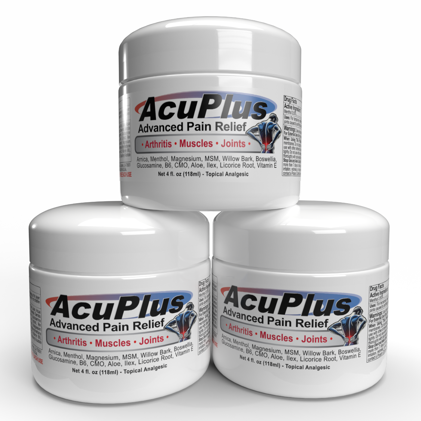 AcuPlus 4 oz Pain Relief Cream 3 Pack – Menthol Topical Analgesic for Muscle and Joint Aches. Best Value Set