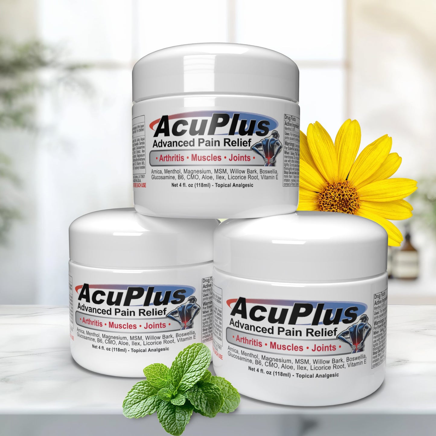 AcuPlus 4 oz Pain Relief Cream 3 Pack – Menthol Topical Analgesic for Muscle and Joint Aches. Best Value Set