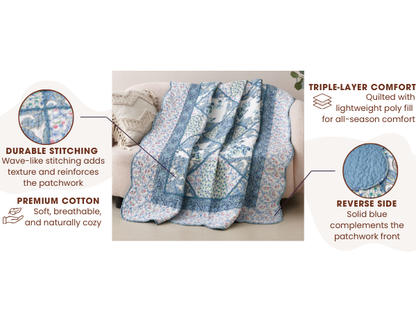 Tache Petal Dance White Blue Floral Vintage Garden Scalloped Cotton Patchwork Quilted Throw Blanket (JHW-646)