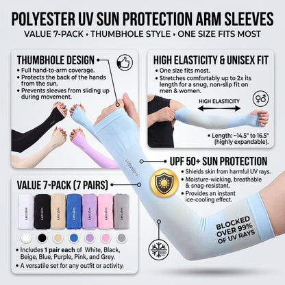 Stretch Arm Sleeves with Thumbholes, 7-Pair Color Set
