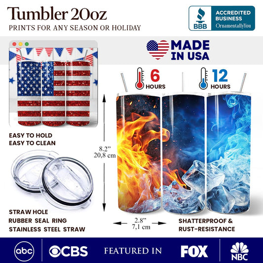 American Flag Sequin Print 20oz Personalized Tumbler With Lid and Stainless Steel Straw, Patriotic USA Stars and Stripes Gift Cup - Shaketea