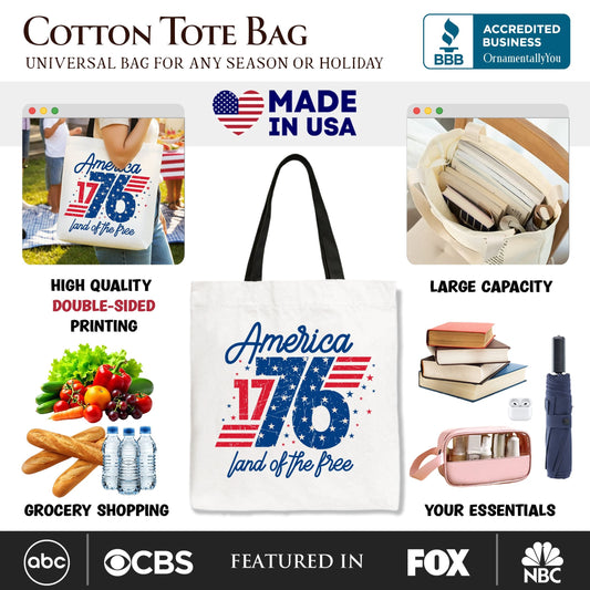 America 1776 Land of the Free Tote Bag, Vintage 4th of July Gift Shopper - Shaketea