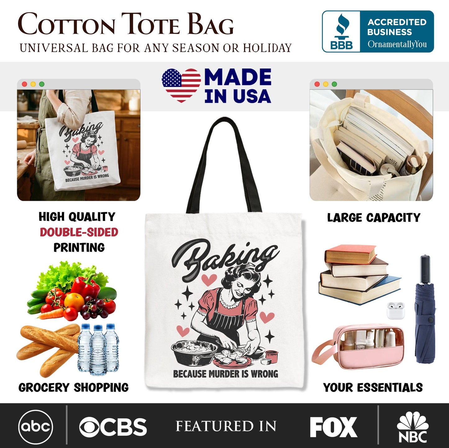 Baking Because Murder Is Wrong Anti-Valentine Tote Bag, Funny Retro Kitchen Gift Shopper - Shaketea