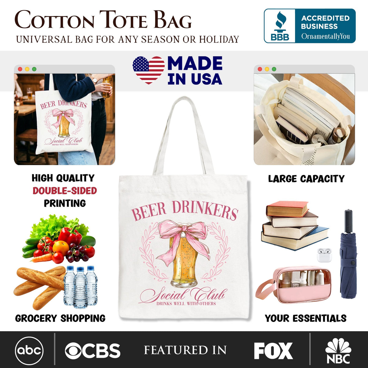 Beer Drinkers Social Club Tote Bag, Coquette Pink Bow Gift Shopper for Girly Summer Bachelorette Vibes - Shaketea