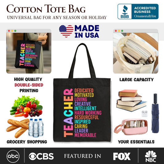 Colorful Teacher Acronym Tote Bag, Motivational Gift Shopper for Educators - Shaketea