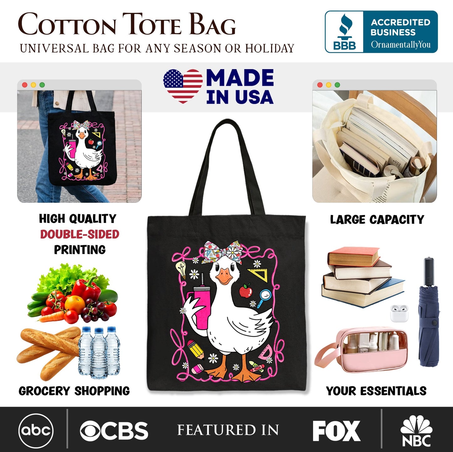 Coquette Teacher Goose Tote Bag, Funny Classroom Gift Shopper for Educators - Shaketea