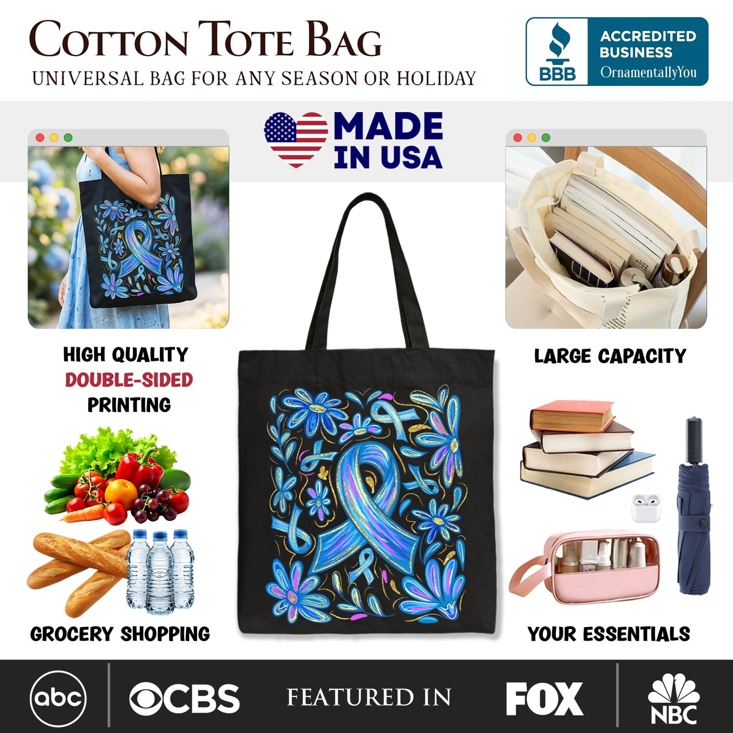 Diabetes Blue Ribbon Floral Tote Bag, Awareness Support Gift Shopper - Shaketea