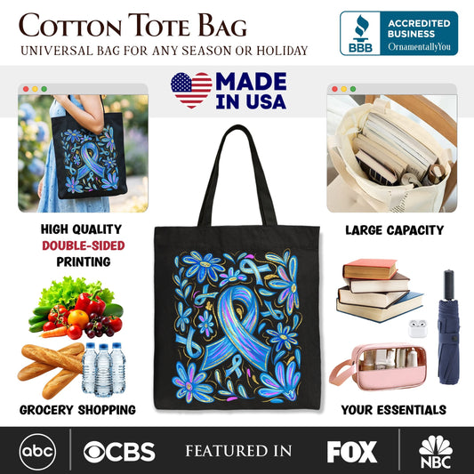 Diabetes Blue Ribbon Floral Tote Bag, Awareness Support Gift Shopper - Shaketea