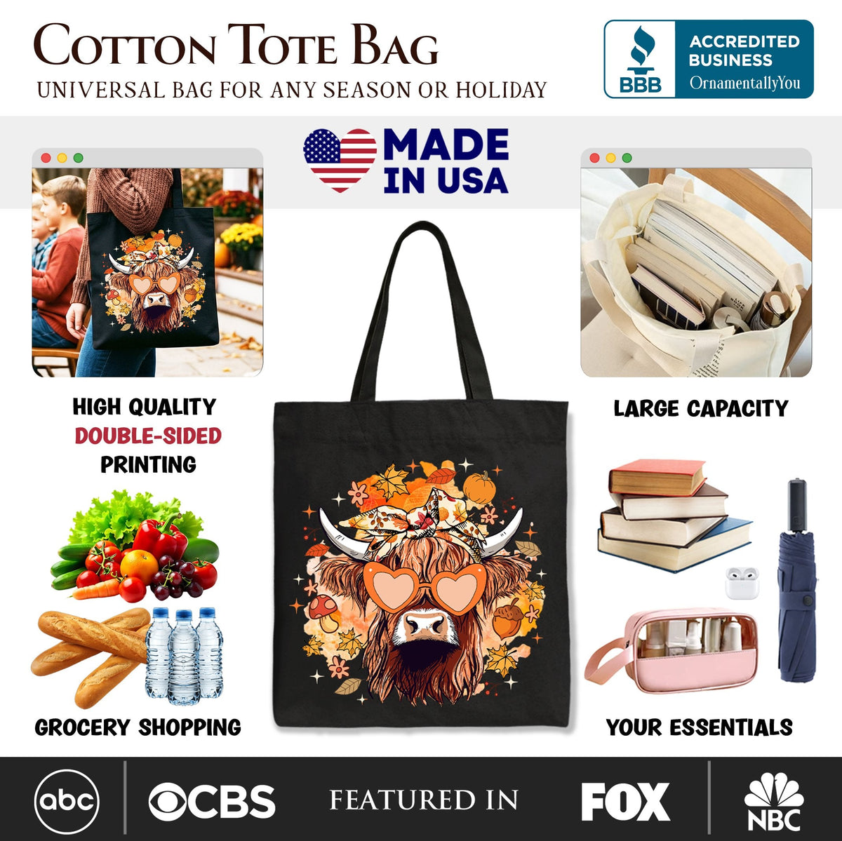 Fall Highland Cow Tote Bag, Messy Bun Howdy Gift Shopper with Autumn Vibes - Shaketea