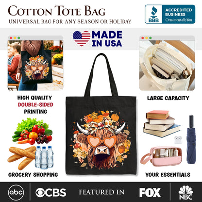 Fall Highland Cow Tote Bag, Messy Bun Howdy Gift Shopper with Autumn Vibes - Shaketea