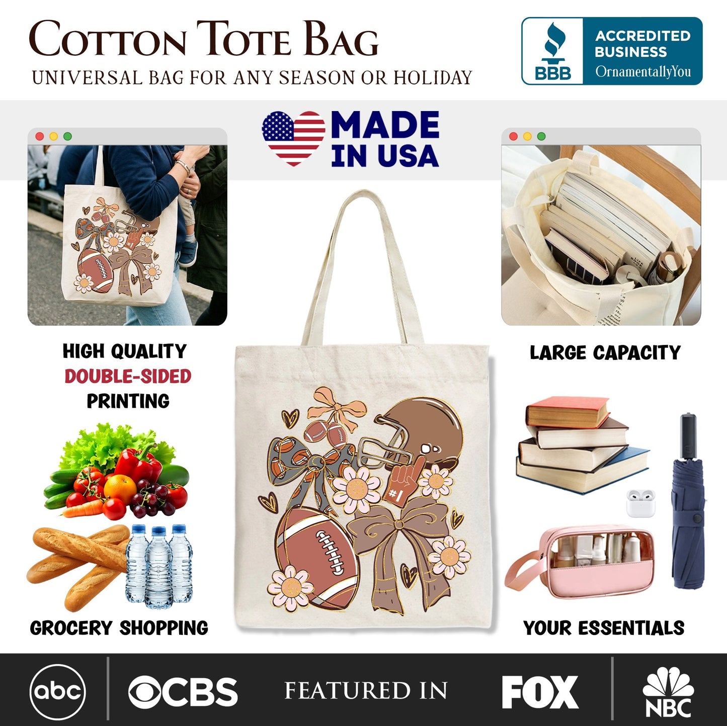 Football Mom Coquette Bow Daisy Tote Bag, Retro Fall Game Day Preppy Gift Shopper - Shaketea