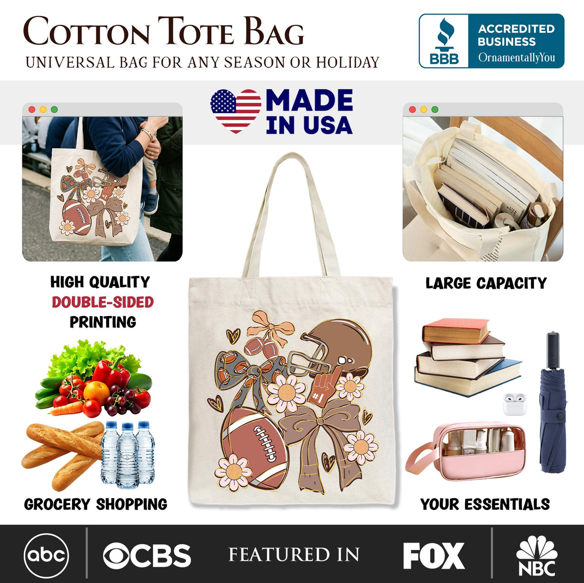 Football Mom Coquette Bow Daisy Tote Bag, Retro Fall Game Day Preppy Gift Shopper - Shaketea