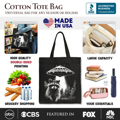 Funny UFO Raccoon Tote Bag, Gift Shopper for Alien Enthusiasts - Shaketea