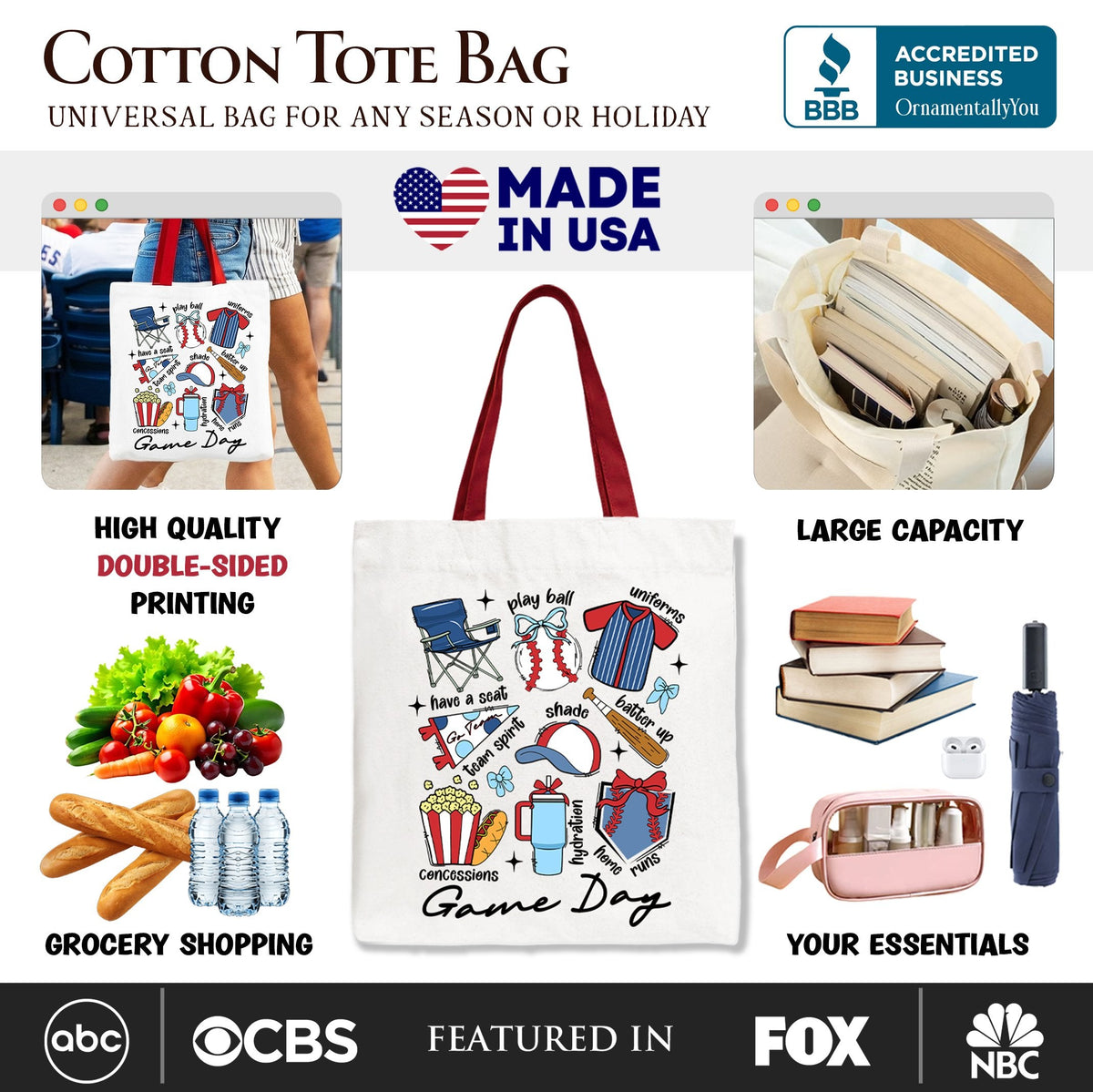 Game Day Baseball Tote Bag, Gift Shopper for Sports Fans - Shaketea