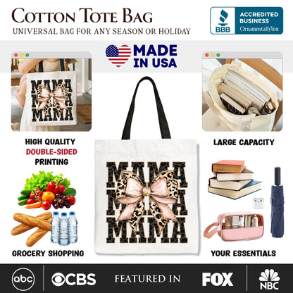 Glitter Leopard Mama Tote Bag, Coquette Bow Gift Shopper for Glam and Trendy Mothers - Shaketea
