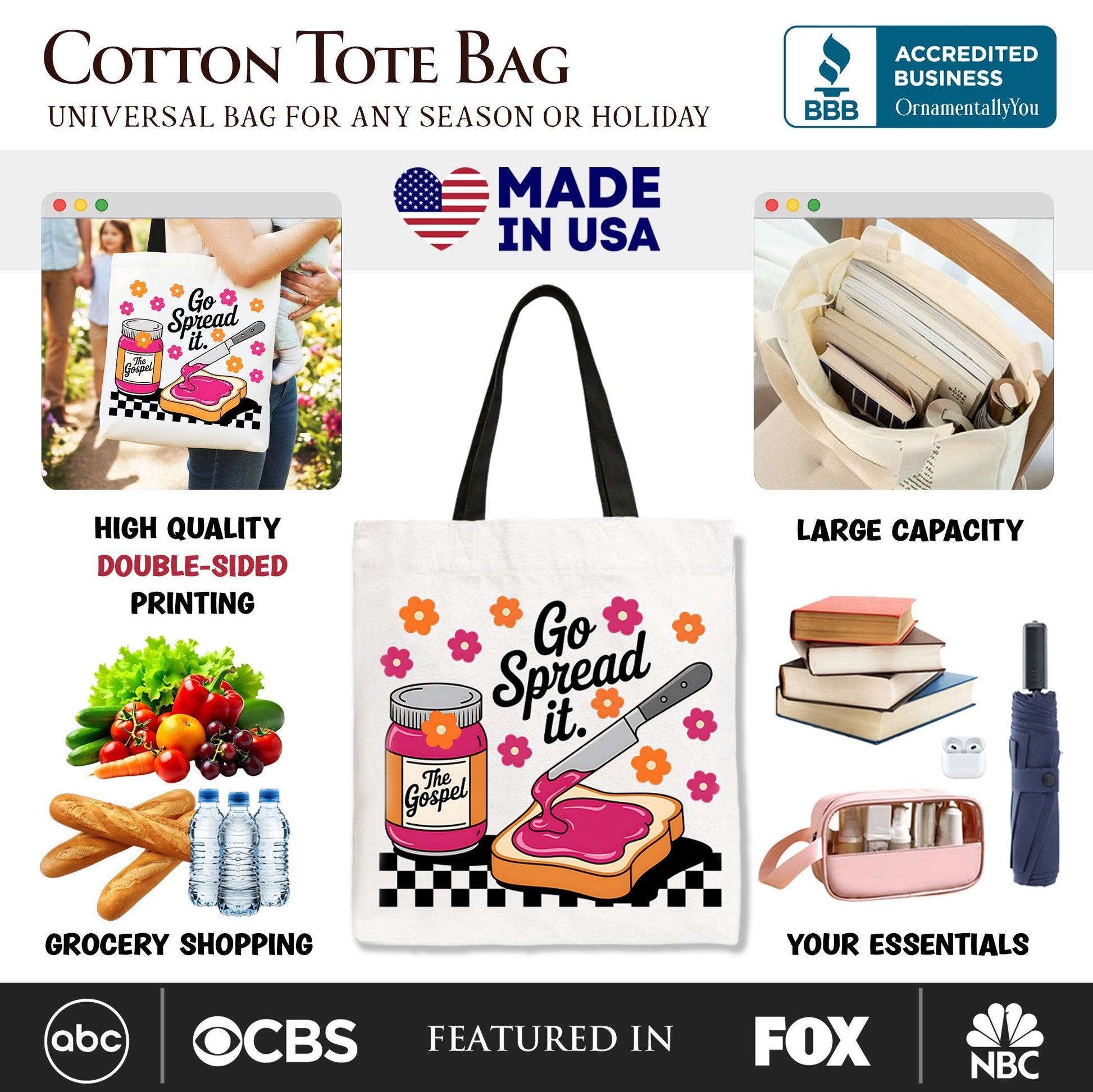 Go Spread It Christian Tote Bag, Cute Gospel Jam and Toast Gift Shopper - Shaketea