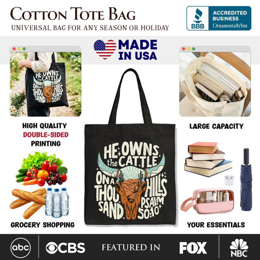 He Owns the Cattle On a Thousand Hills Tote Bag, Christian Western Faith Gift Shopper - Shaketea
