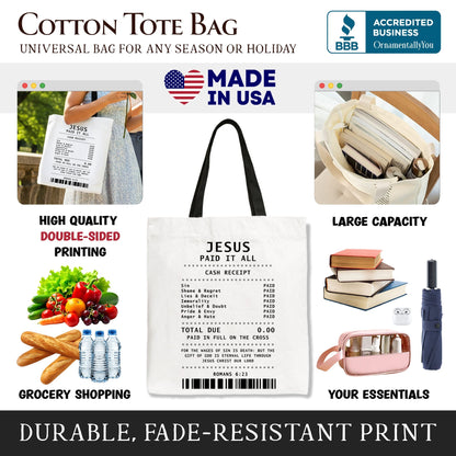 Jesus Paid It All Cash Receipt Tote Bag, Christian Gift Shopper for Believers - Shaketea