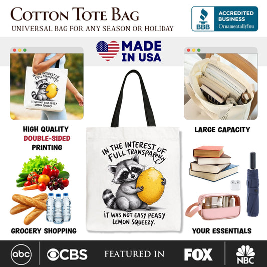Lemon Squeezy Raccoon Tote Bag, Funny Gift Shopper for Sarcastic People - Shaketea