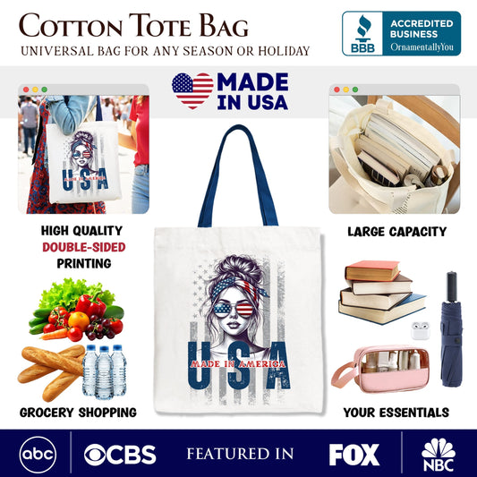 Made in America Messy Bun Tote Bag, Retro 4th of July White Patriotic Gift Shopper - Shaketea