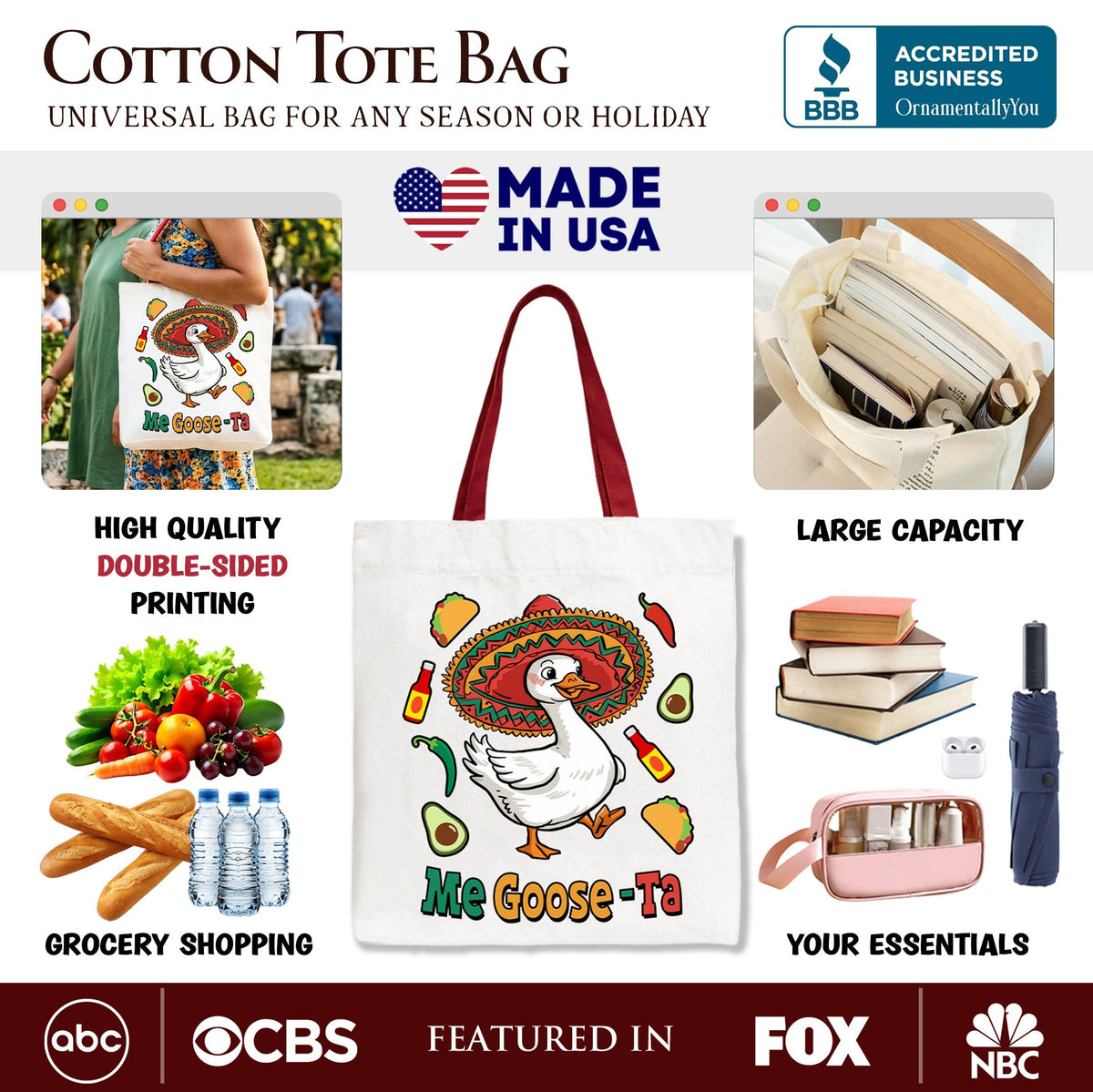 Me Goose-Ta Funny Tote Bag, Mexican Sombrero Goose Gift Shopper - Shaketea