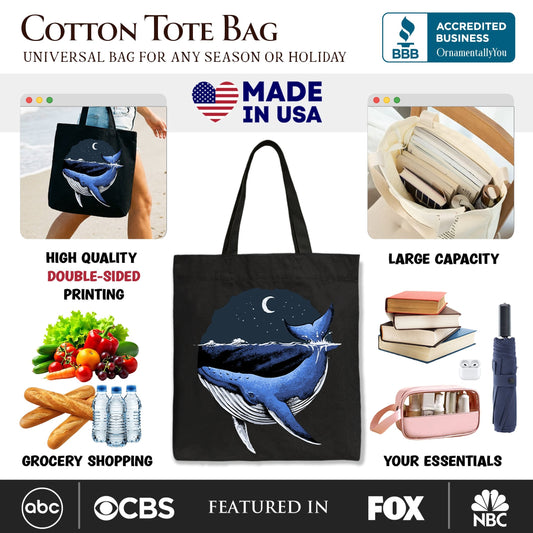 Moonlit Whale Vintage Tote Bag, Night Ocean Retro Gift Shopper - Shaketea