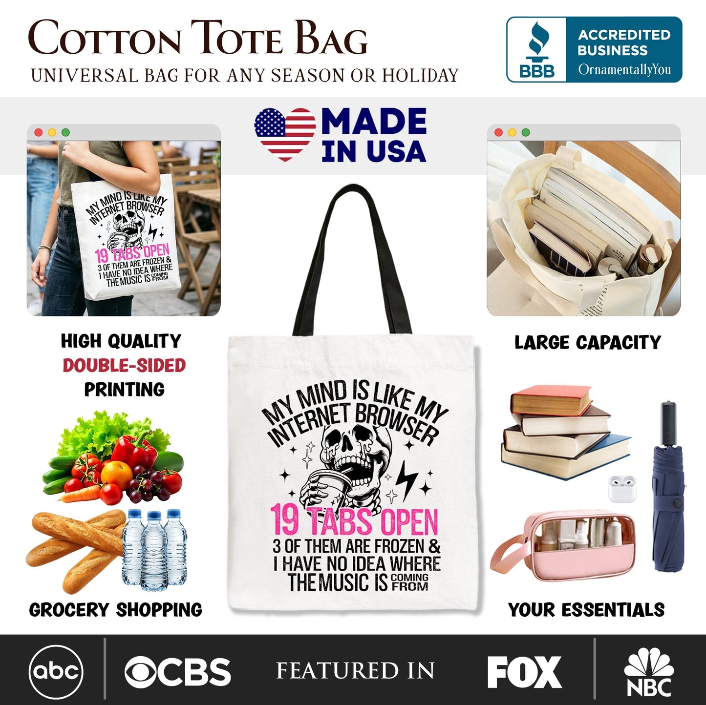 My Mind is Like My Internet Browser Tote Bag, Sassy Overstimulated Skeleton Funny Gift Shopper - Shaketea