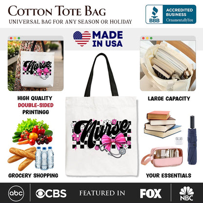 Nurse Floral Coquette Pink Bow Canvas Tote Bag, Retro Stethoscope Checkered Coworker Gift
