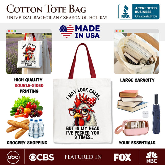 Pecking Chicken Tote Bag, Red Glasses and Bow White Gift Shopper for Sassy Women - Shaketea