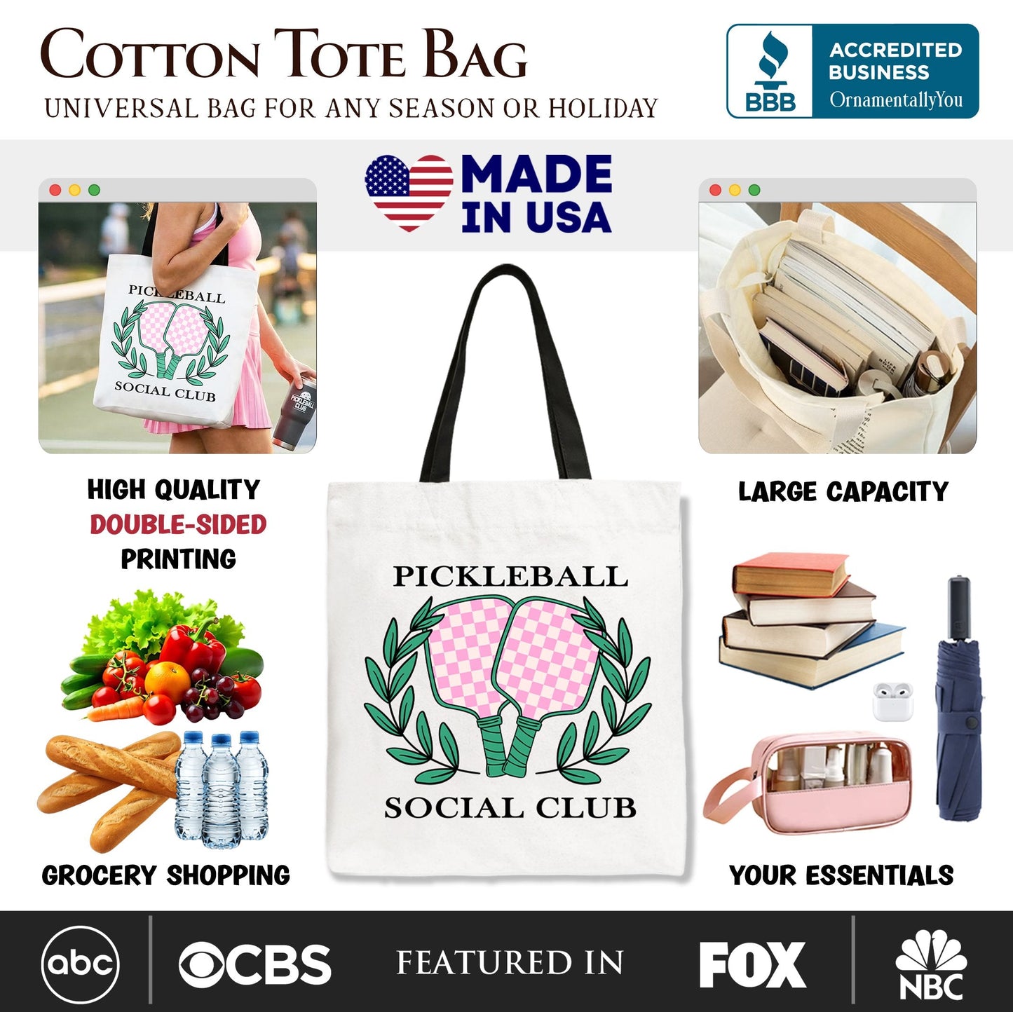 Pickleball Social Club Tote Bag, Cute Retro Girly Sporty Gift Shopper - Shaketea