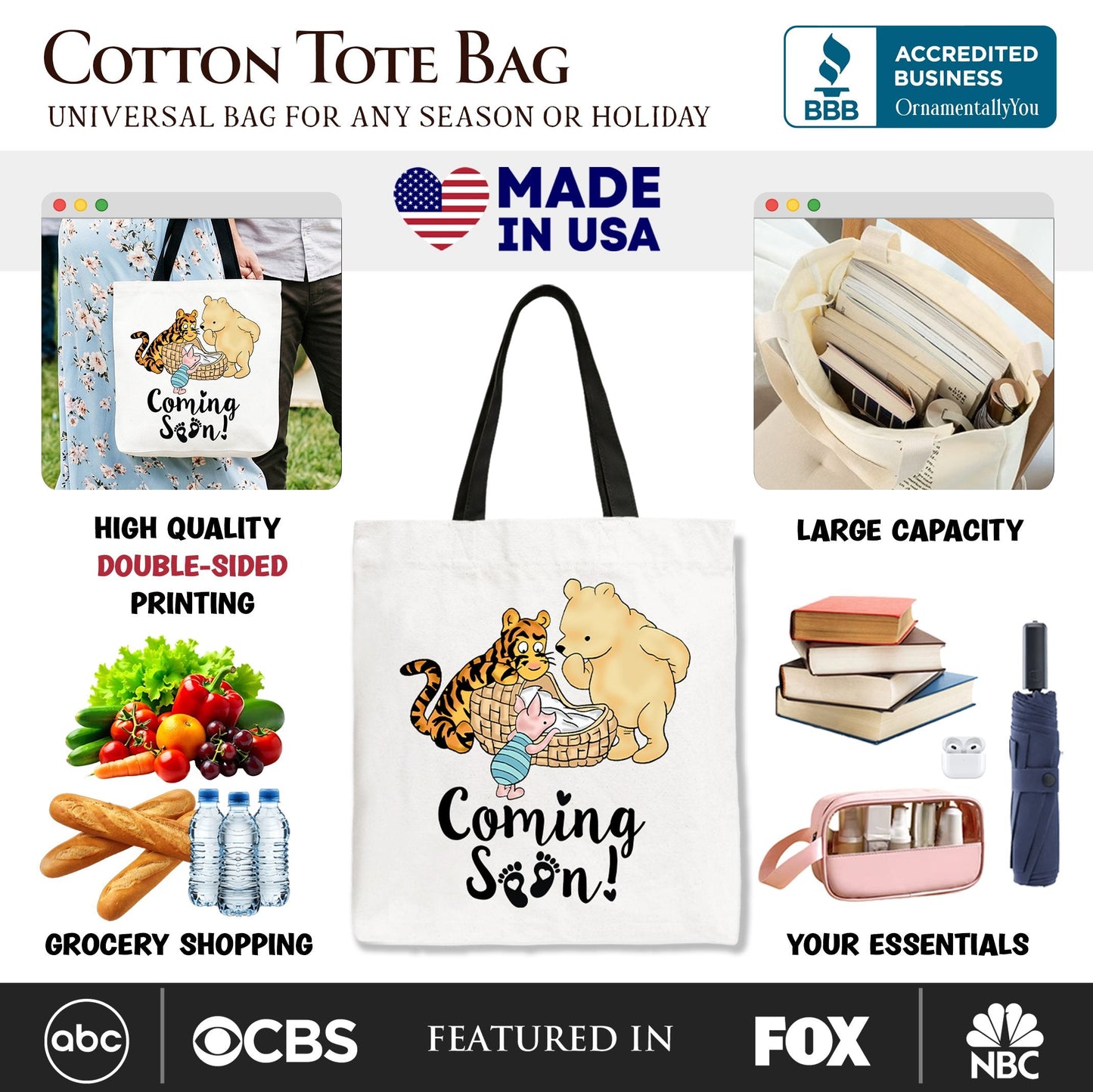 Pregnancy Announcement Winnie-the-Pooh Tote Bag 1926 A.A. Milne Baby Coming Soon Mom Gift Shopper - Shaketea