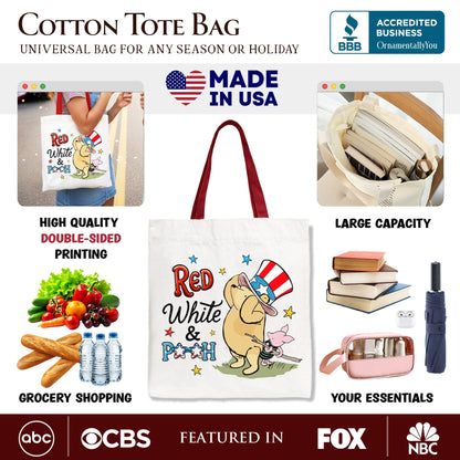 Red White & Proud Winnie-the-Pooh Tote Bag, 1926 A.A. Milne Patriotic 4th of July Gift Shopper - Shaketea