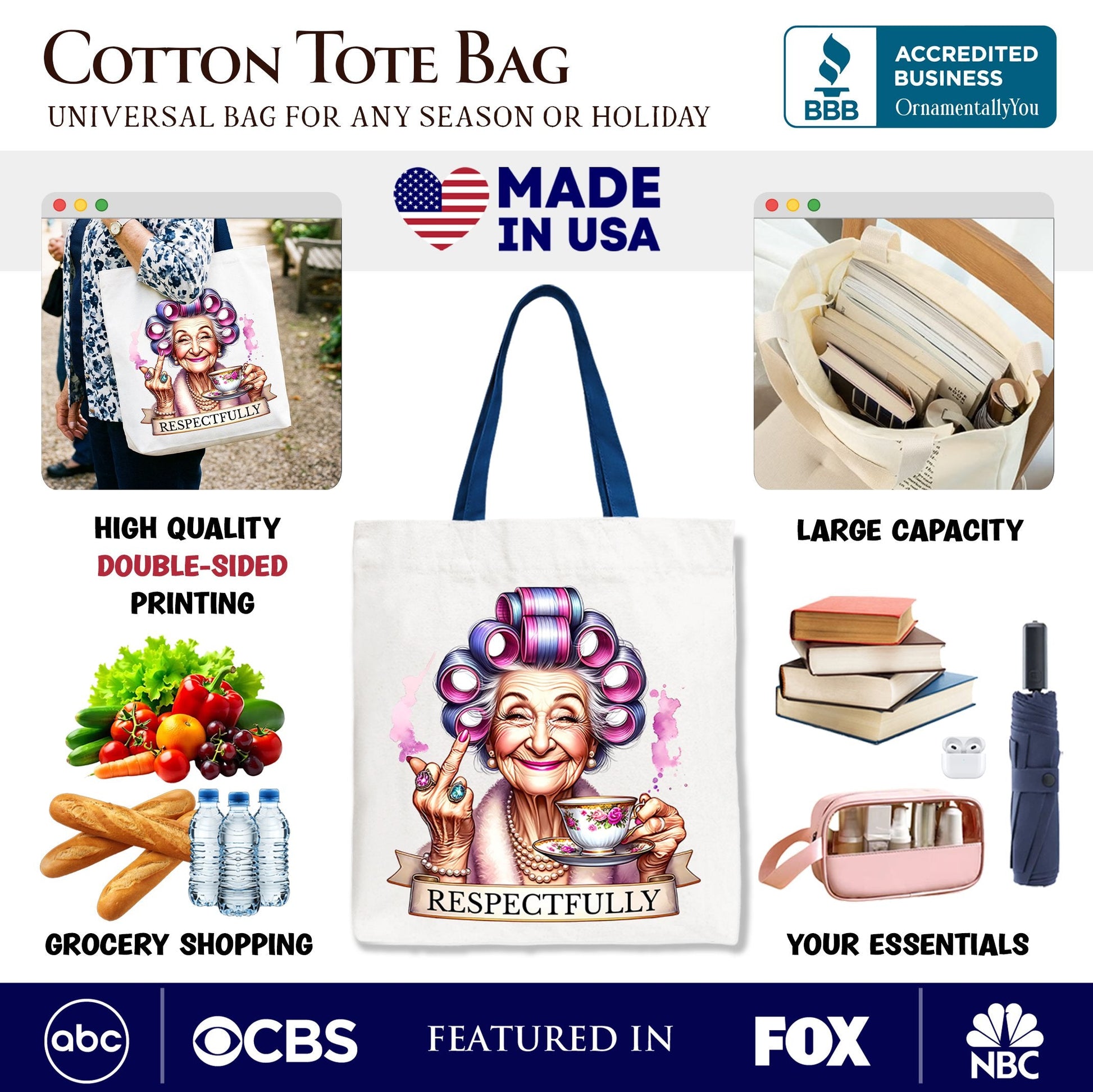 Respectfully Sassy Grandma Tote Bag, Funny Old Lady Gift Shopper for Sarcastic Nanas - Shaketea