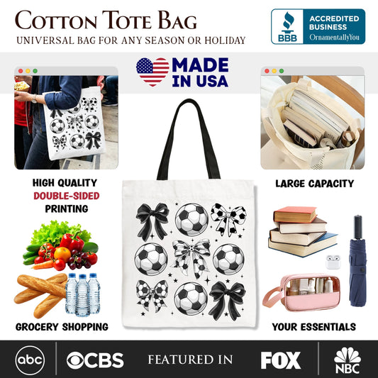 Soccer Balls Coquette Bows Tote Bag, Sports Mom Gift Shopper - Shaketea