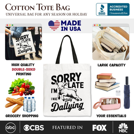 Sorry I'm Late Funny Lamb Tote Bag, Retro Dilly Dallying Gift Shopper for Quirky Women - Shaketea