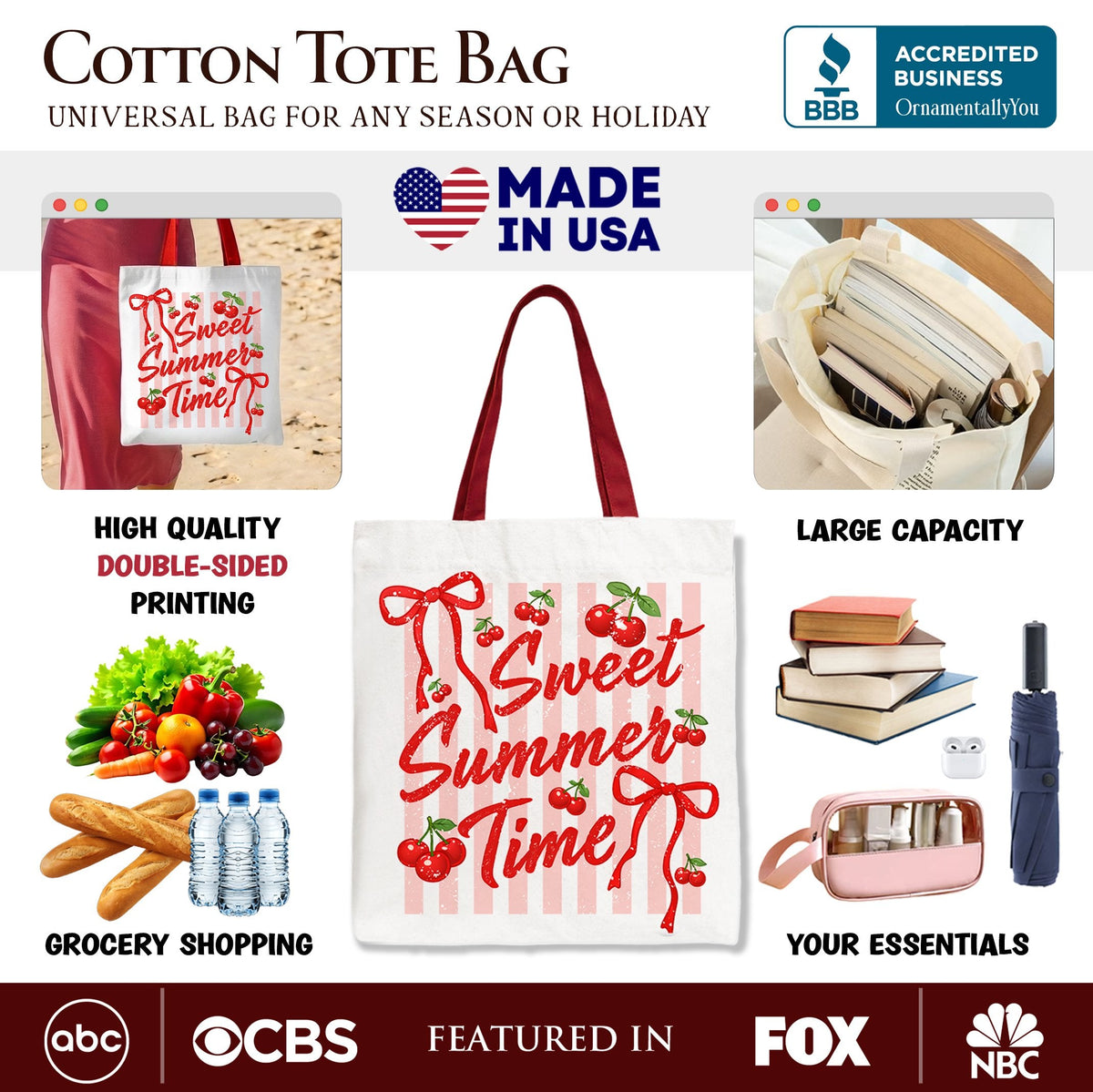 Striped Cherry Sweet Summer Time Tote Bag, Coquette Vacation Gift Shopper