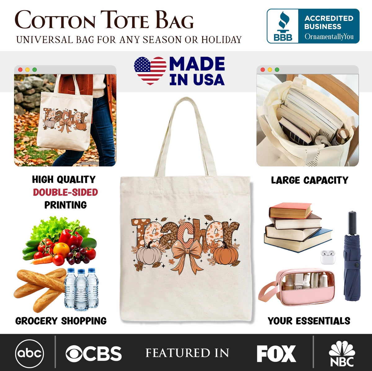 Teacher Coquette Autumn Tote Bag, Cozy Fall Pumpkin Gift Shopper for Educators - Shaketea