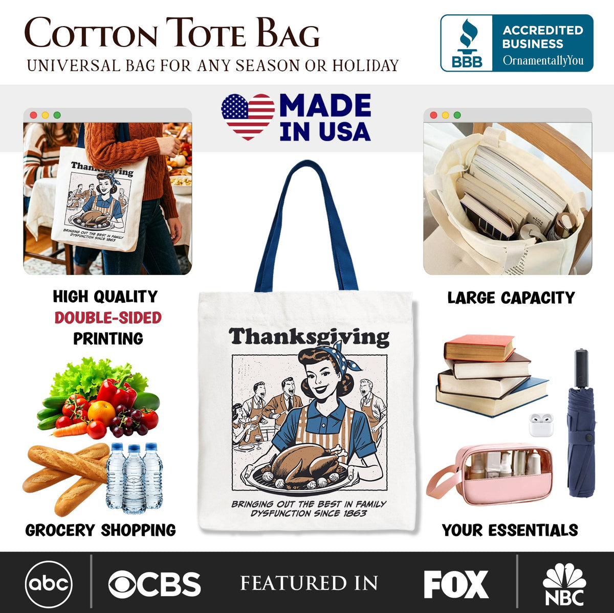 Thanksgiving Family Dysfunction Retro Tote Bag, Funny Holiday Humor Gift Shopper for Sarcastic Families - Shaketea