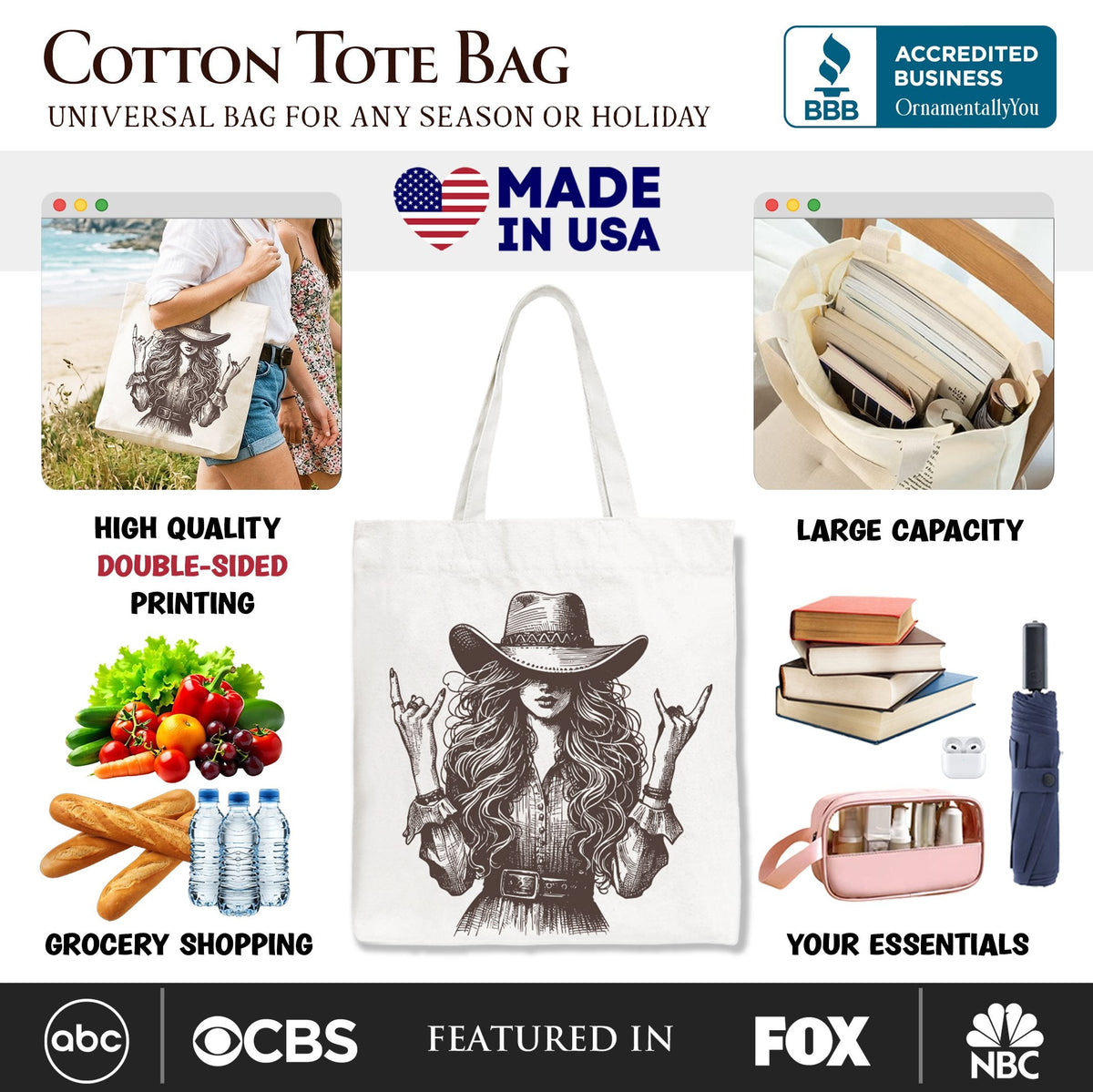 Western Cowgirl Rocker Tote Bag, Country Rodeo Style Gift Shopper - Shaketea