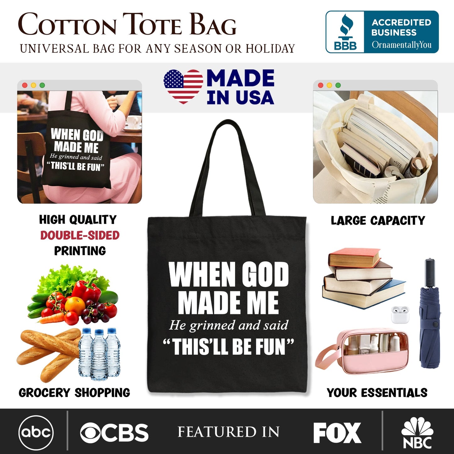 When God Made Me Christian Tote Bag, Funny Faith Gift Shopper - Shaketea