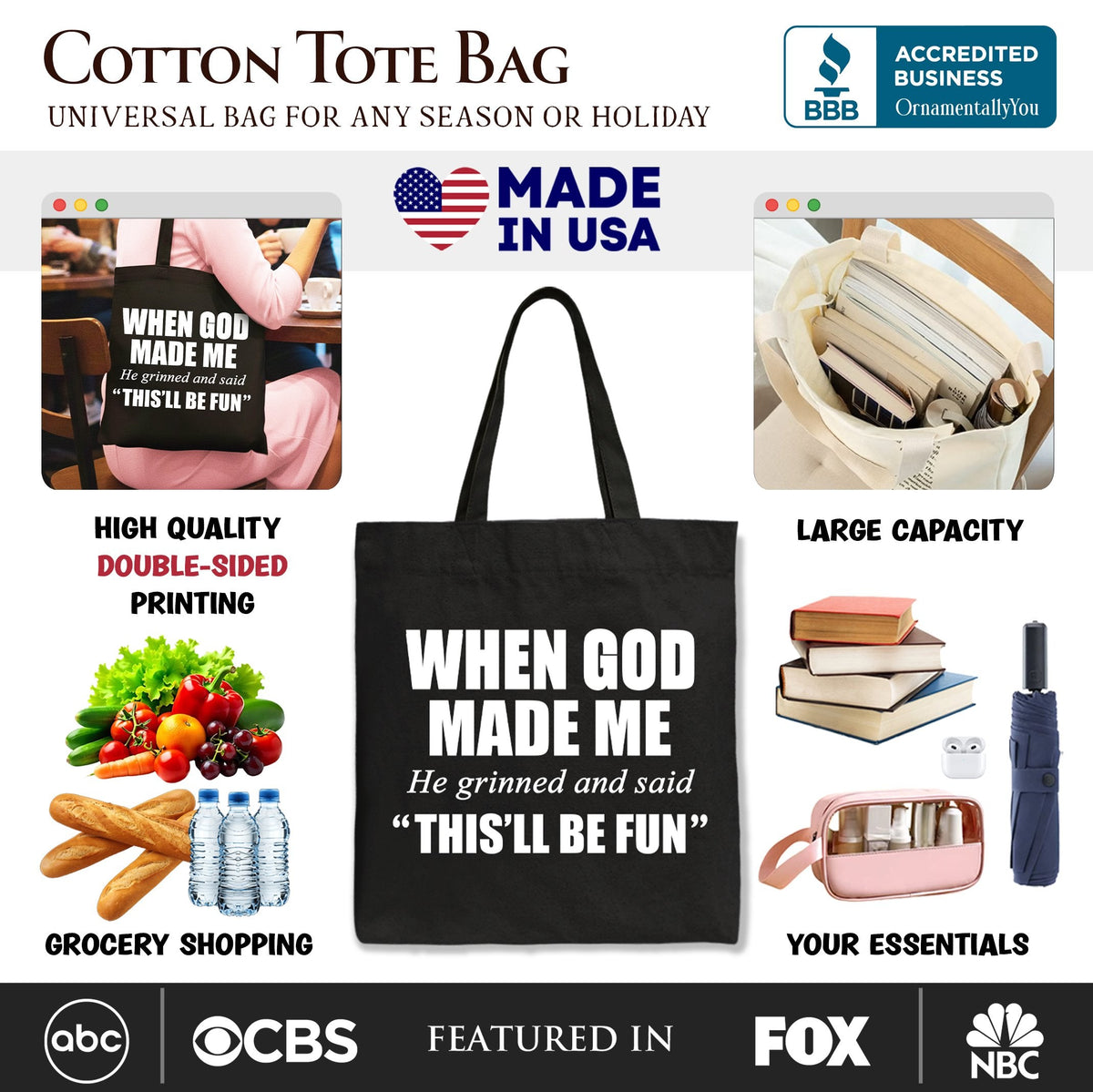 When God Made Me Christian Tote Bag, Funny Faith Gift Shopper - Shaketea