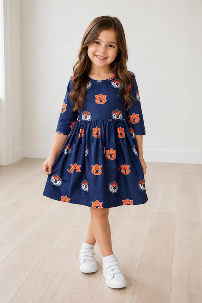 Auburn Blue Aubie 3/4 Sleeve Pocket Twirl Dress
