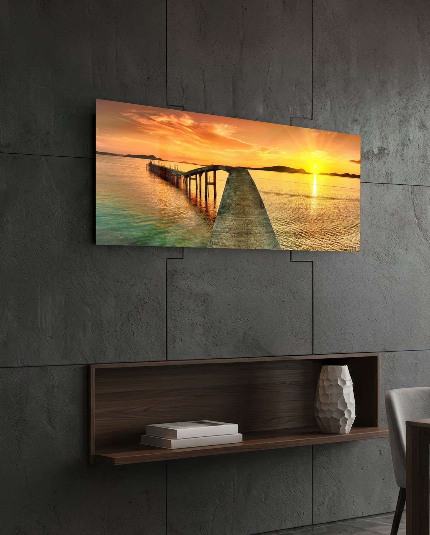 Golden Sunset Curved Pier Glass Wall Art